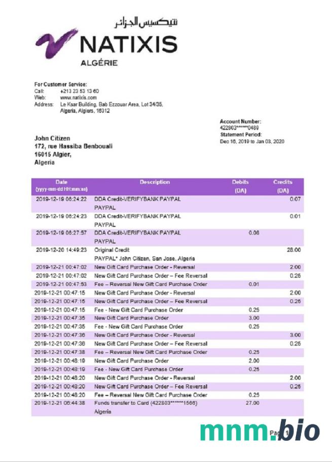 Algeria Natixis Algerie szablon wyciągu bankowego w formacie Excel i PDF